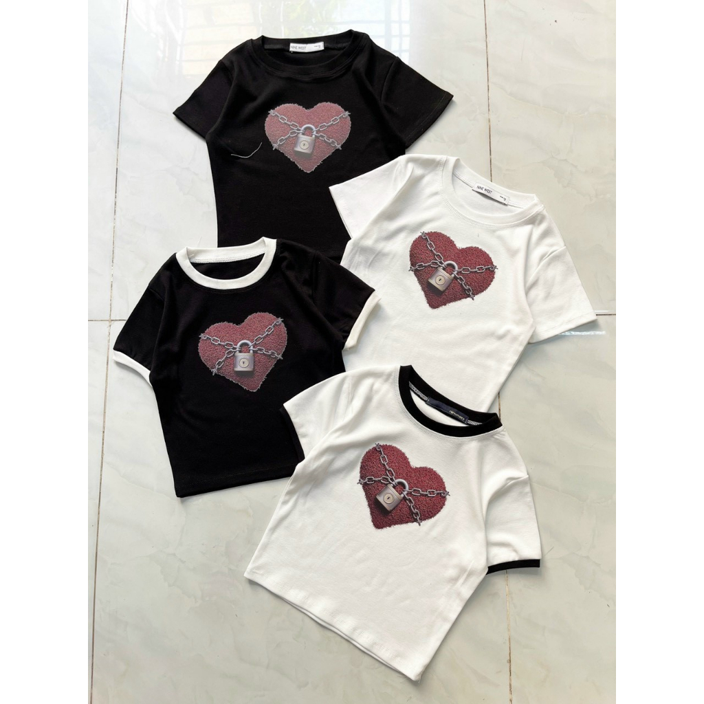 áo croptop viền màu in trái tim ổ khóa