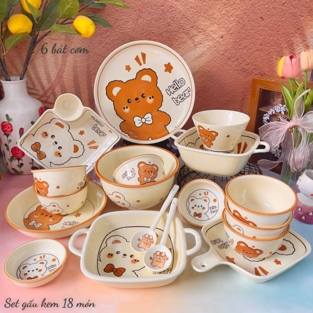 Bát đĩa sứ decor, Chén ăn cơm Sét bát dĩa gấu kem siêu xinh cho Gia đình bé