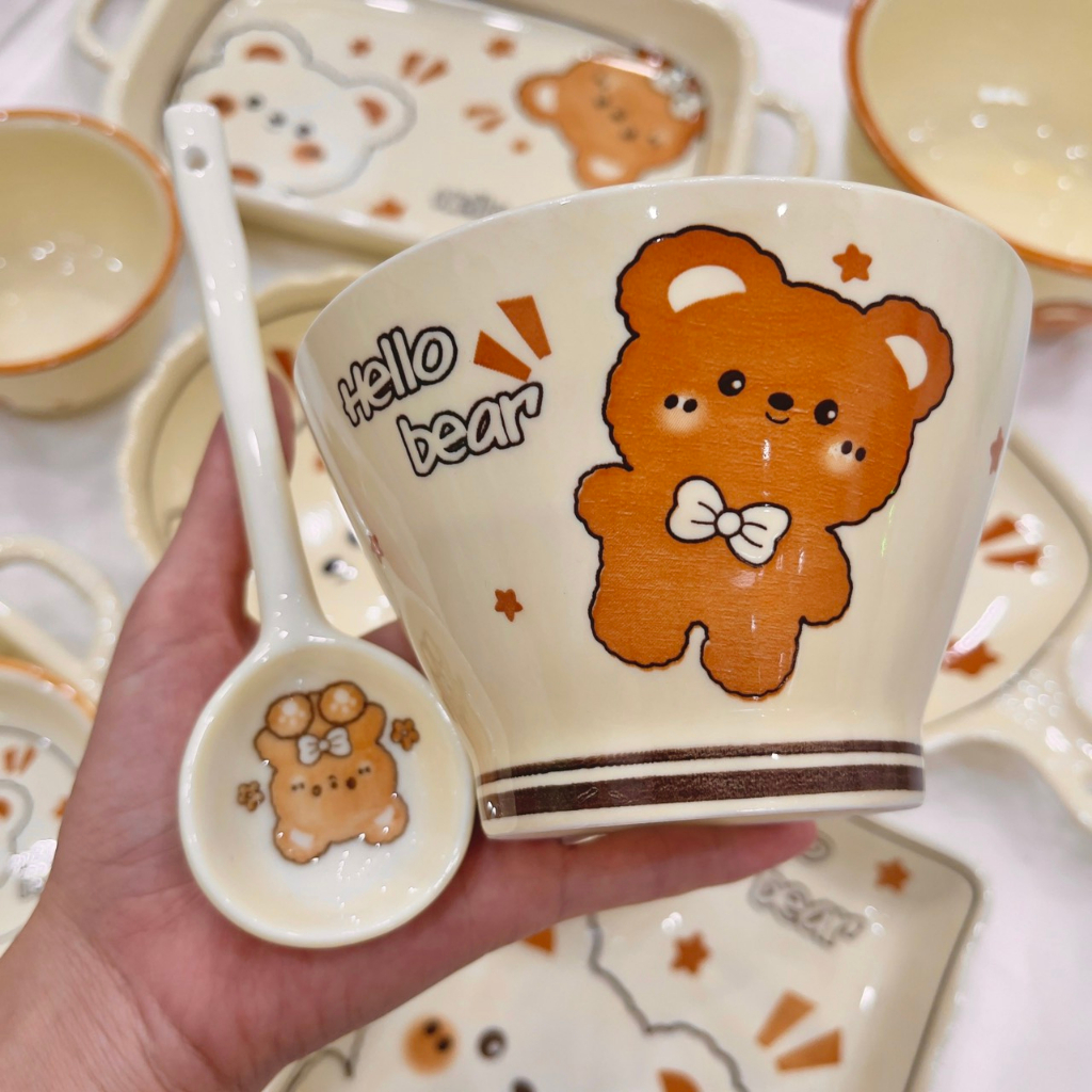 Bát đĩa sứ decor, Chén ăn cơm Sét bát dĩa gấu kem siêu xinh cho Gia đình bé