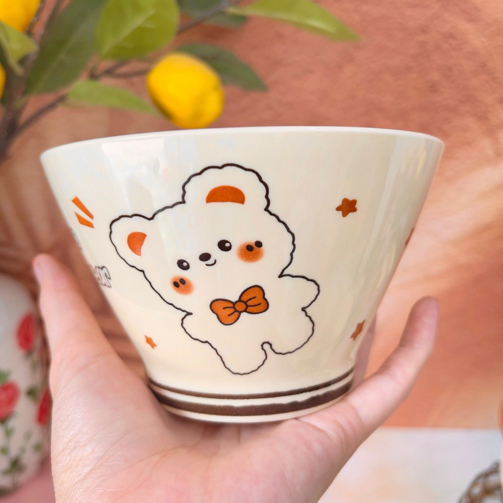 Bát đĩa sứ decor, Chén ăn cơm Sét bát dĩa gấu kem siêu xinh cho Gia đình bé