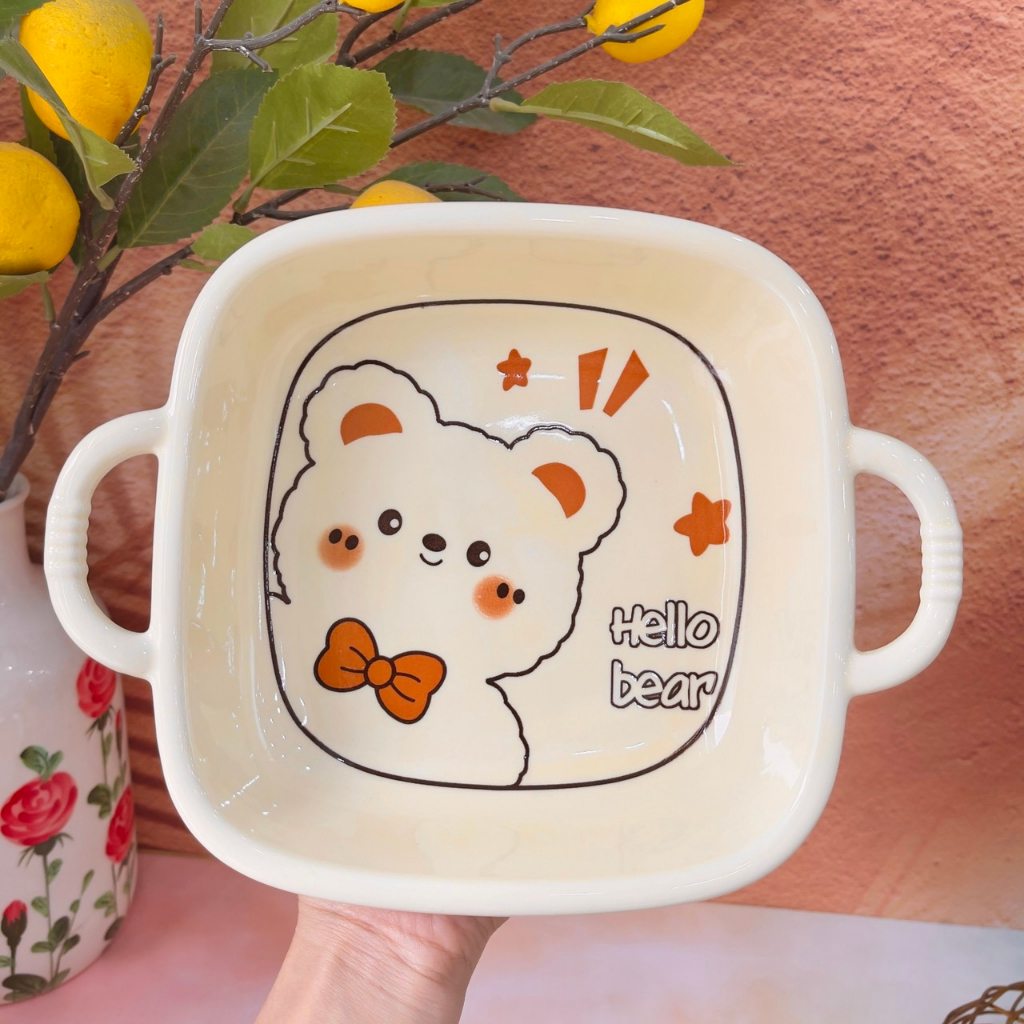 Bát đĩa sứ decor, Chén ăn cơm Sét bát dĩa gấu kem siêu xinh cho Gia đình bé