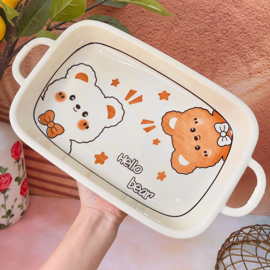 Bát đĩa sứ decor, Chén ăn cơm Sét bát dĩa gấu kem siêu xinh cho Gia đình bé