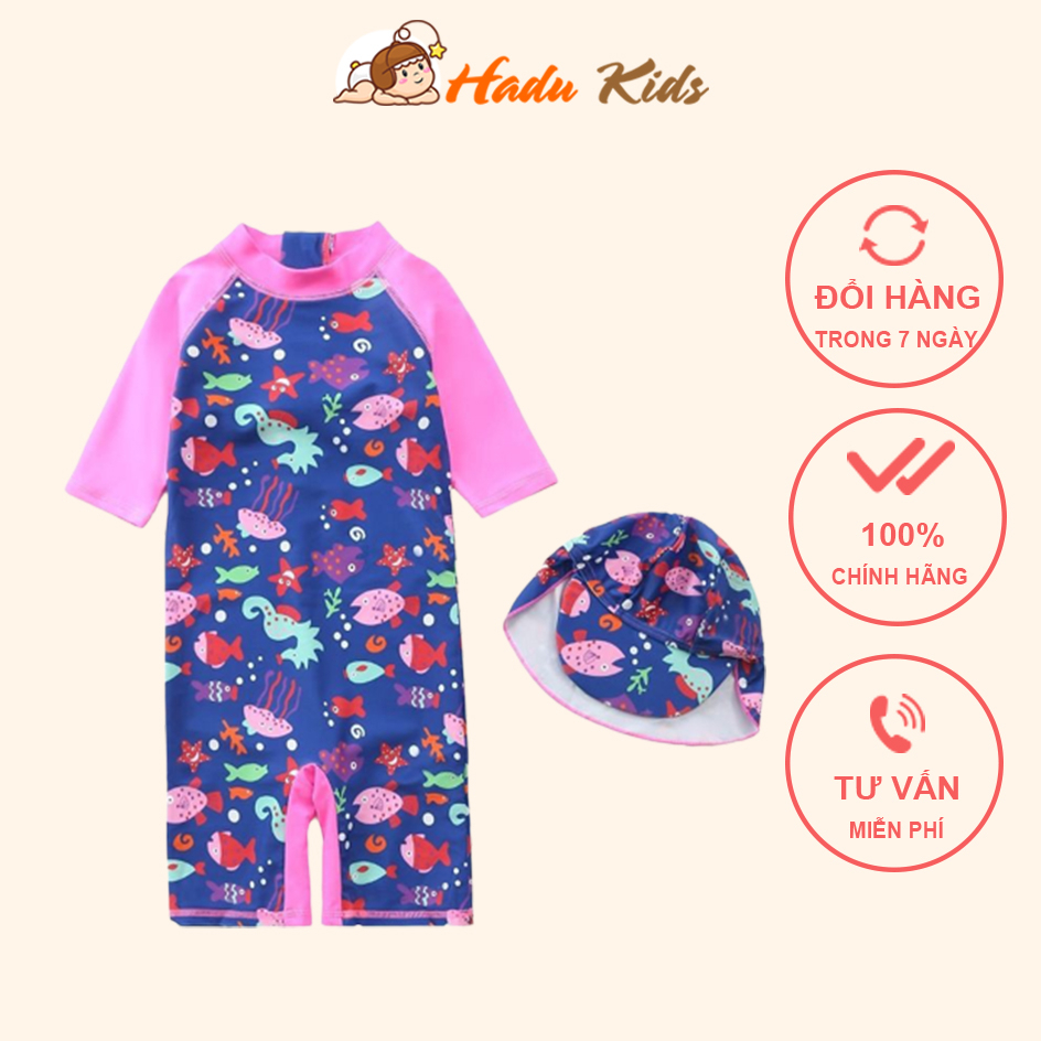 Bộ bơi bé gái cao cấp kèm mũ che gáy, size đại 10-46kg Quần áo bơi liền thân cho trẻ em từ 1-13 tuổi Hadukids