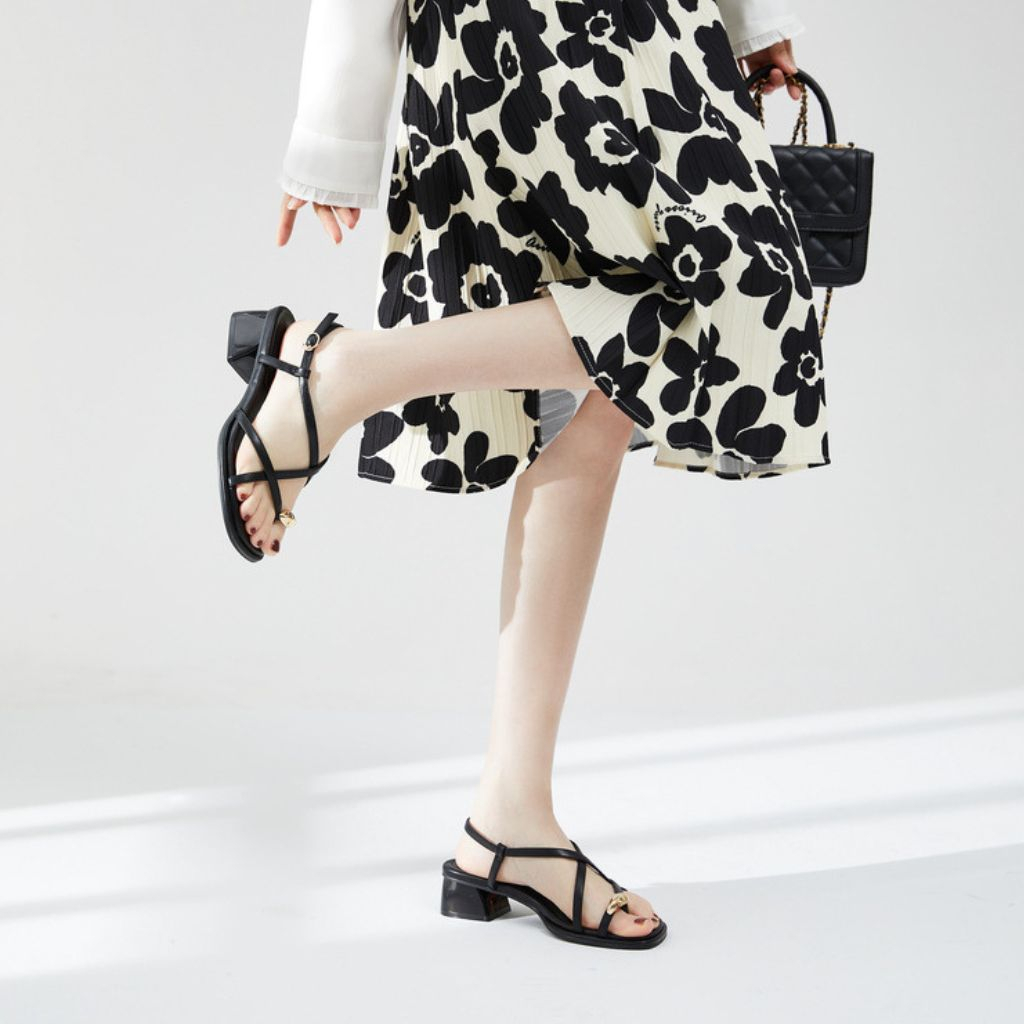 Sandal cao gót nữ, dép sandan xỏ ngón gót vuông quai mảnh khóa cài cao cấp Full box cao 5cm - SD48