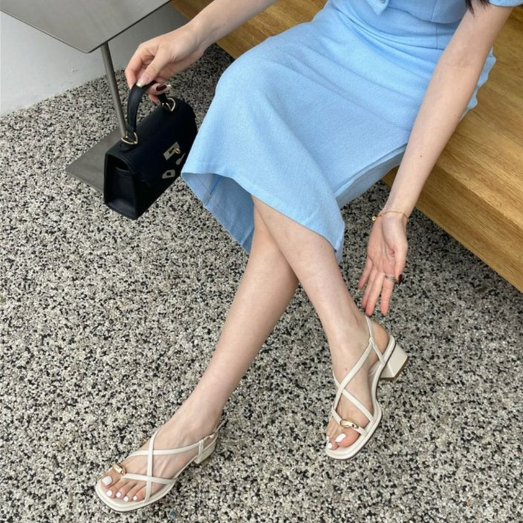 Sandal cao gót nữ, dép sandan xỏ ngón gót vuông quai mảnh khóa cài cao cấp Full box cao 5cm - SD48