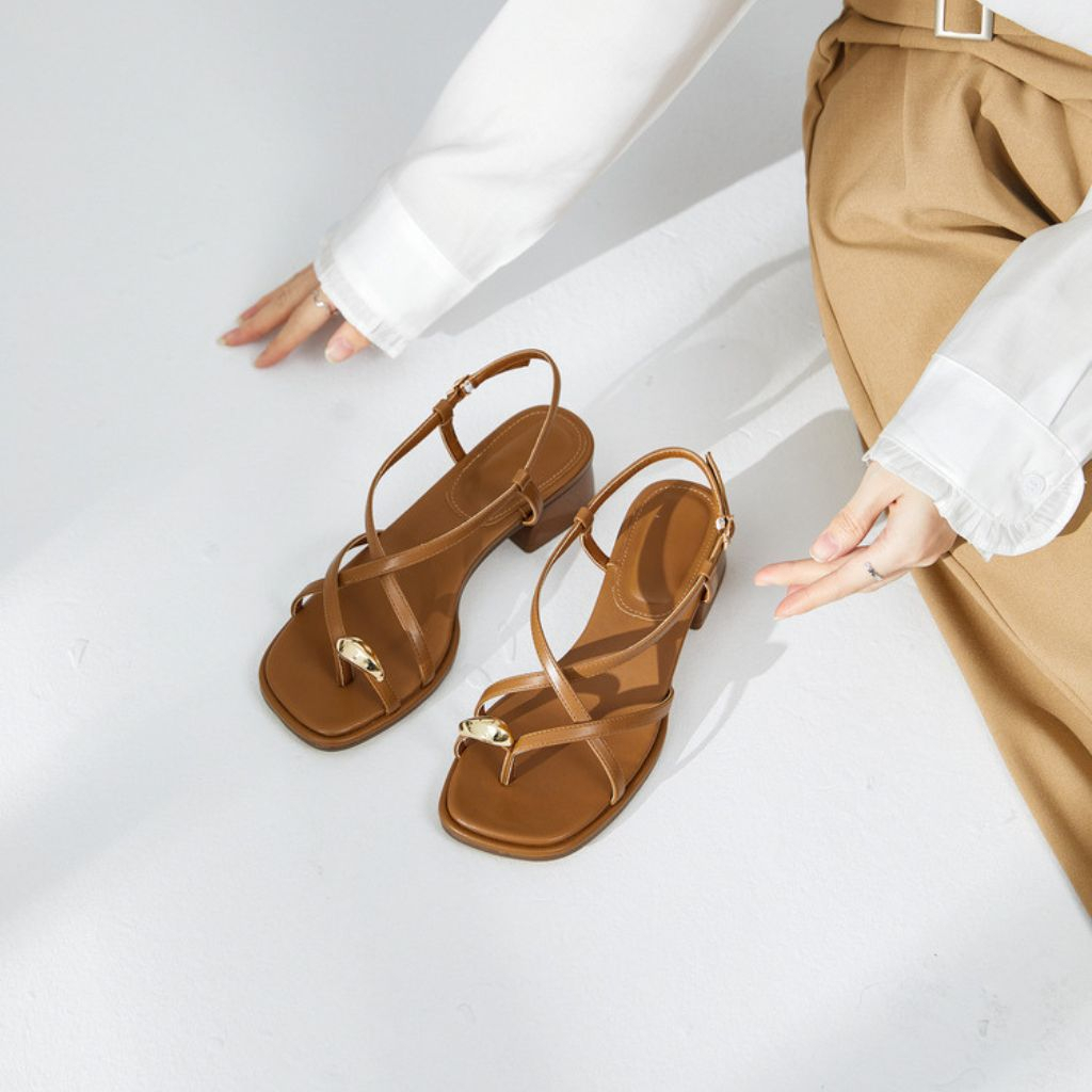 Sandal cao gót nữ, dép sandan xỏ ngón gót vuông quai mảnh khóa cài cao cấp Full box cao 5cm - SD48
