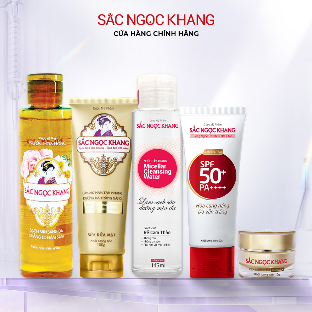 Combo dưỡng da Sắc Ngọc Khang 5 món [Kem đêm 10g+ Sữa rửa mặt 100g+ Nước hoa hồng 145+ Tẩy trang + Kem chống nắng 50g]