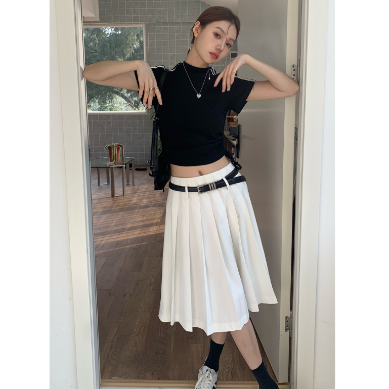 Áo croptop ZWQFP ngắn tay cổ tròn phối dây rút ôm dáng thời trang mùa hè dành cho nữ
