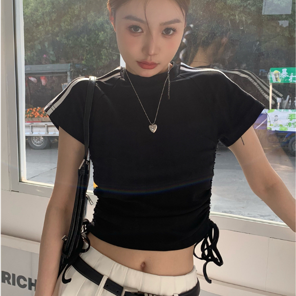 Áo croptop ZWQFP ngắn tay cổ tròn phối dây rút ôm dáng thời trang mùa hè dành cho nữ