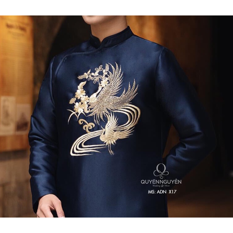 Áo dài cách tân nam thêu Phượng xanh than vải tuyết mưa cao cấp - Mai Áo Dài