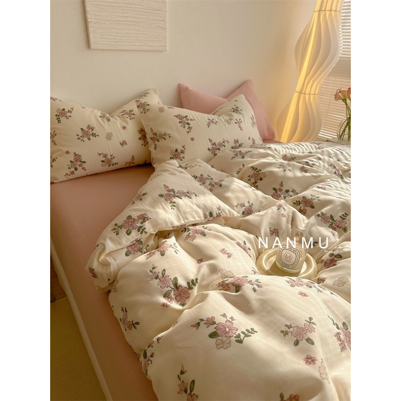 Bộ vỏ chăn ga gối cotton linen, chất liệu thoáng mát thấm hút tốt hoạ tiết vintage