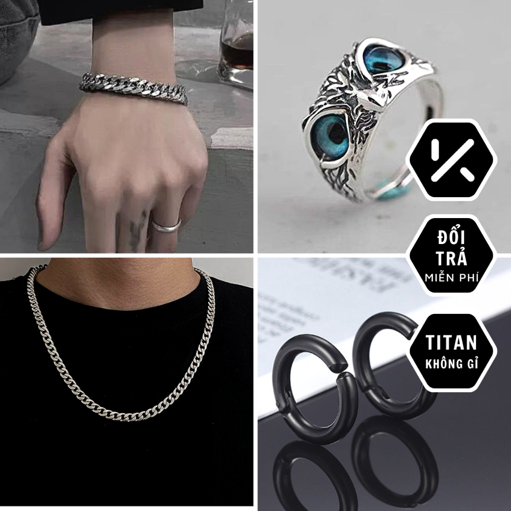 Combo Nhẫn Eagle + Vòng tay TIN + Vòng cổ Chuỗi trơn bản vừa ( Tặng 1 chiếc hoa tai kẹp tròn)