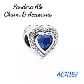Pandora ale charm xỏ ngang hình tim đính đá xanh lớn viền trắng bạc s925