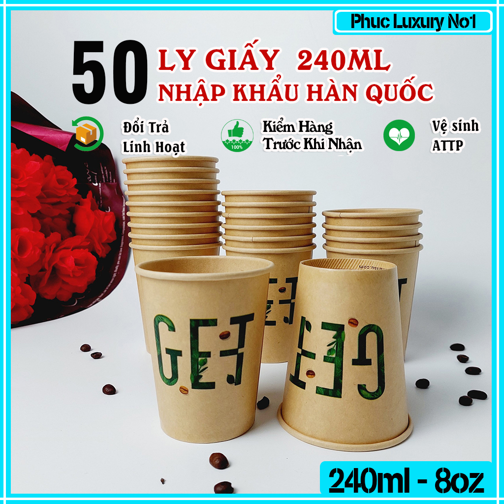50 cốc giấy 240ml - 8oz chữ GET nâu hàng cao cấp hàn quốc