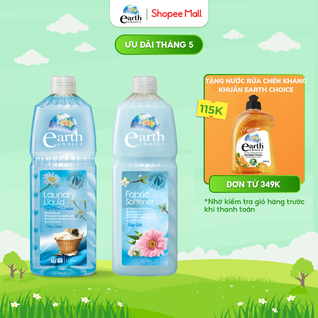 Combo giặt xả EARTH CHOICE Phù Hợp Với Chất Vải Thường, Chiết Xuất Thực Vật An Toàn Với Cả Quần Áo Bé Và Đồ Lót