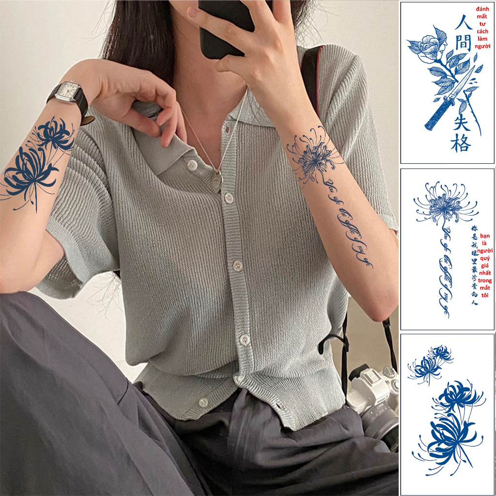 Hình xăm tạm thời hoa bỉ ngạn màu xanh đen khổ 110x180