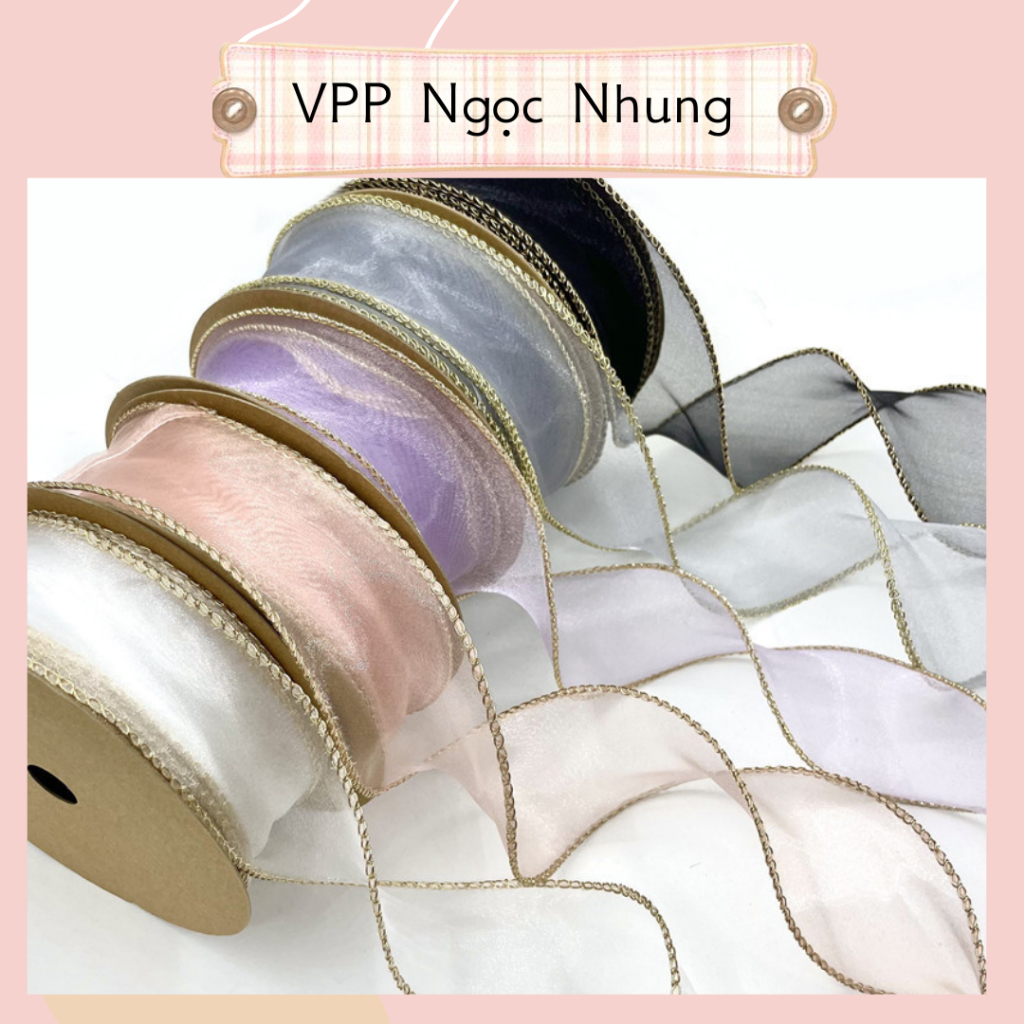 Ruy băng lụa voan kim tuyến viền vàng 4 cm