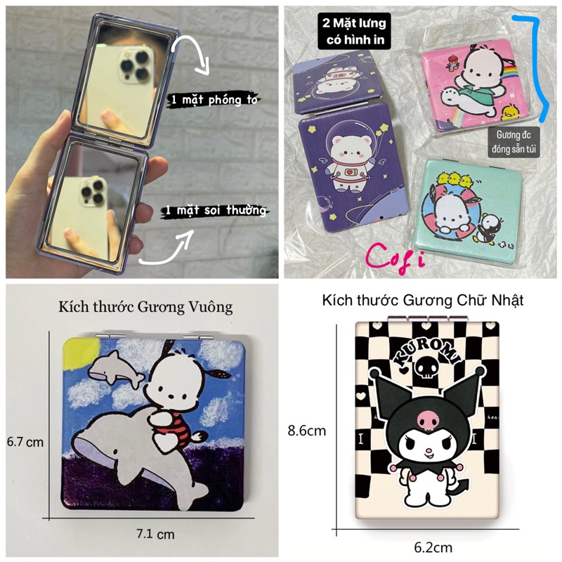 GƯƠNG GẤP MINI HAI MẶT KUROMI HELLO KITTY IN HÌNH DỄ THƯƠNG