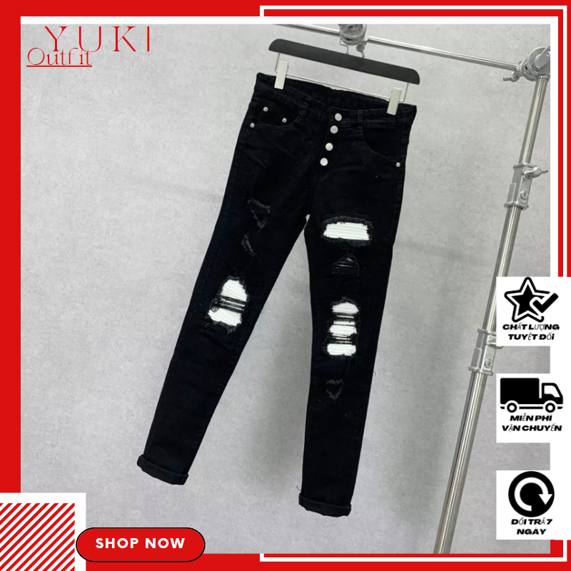 Quần jean dài nam cao cấp chất denim dày dặn co dãn nhẹ màu đen rách có bạ bốn nút kim loại đẳng cấp YUKI OUTFIT