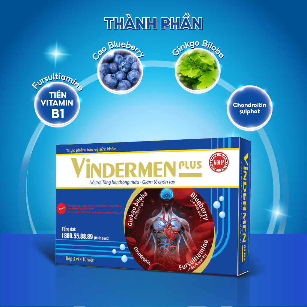 [Combo 3 Tặng 1 Xịt Rửa Mũi] Viên Uống Hỗ Trợ Lưu Thông Máu Vindermen Plus VINH GIA Giảm Tê Bì Tay Chân,An Toàn Hiệu Quả