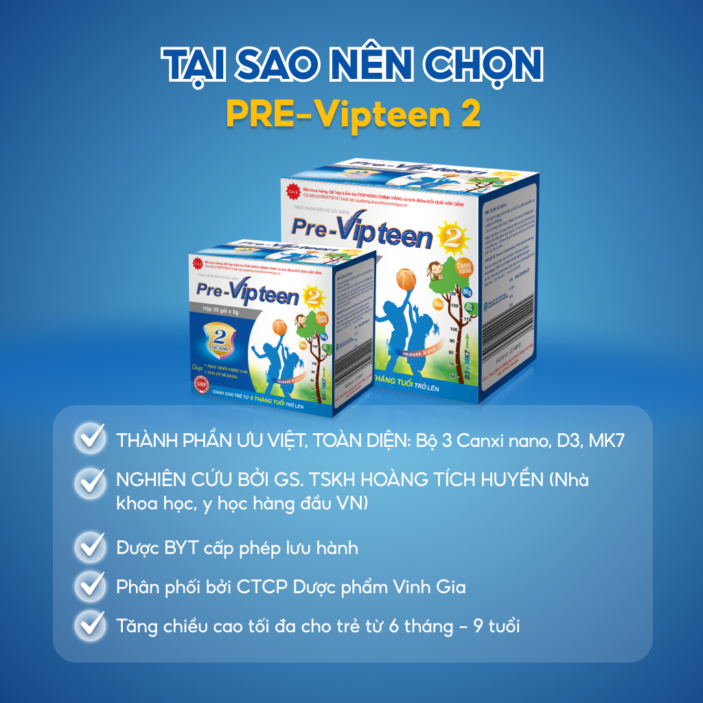 Combo 3 Pre-Vipteen 2 Giúp Tăng Sức Đề Kháng, Tăng Chiều Cao, Giảm Ốm Vặt Cho Trẻ Từ 6 Tháng-9 Tuổi 20 Gói/Hộp