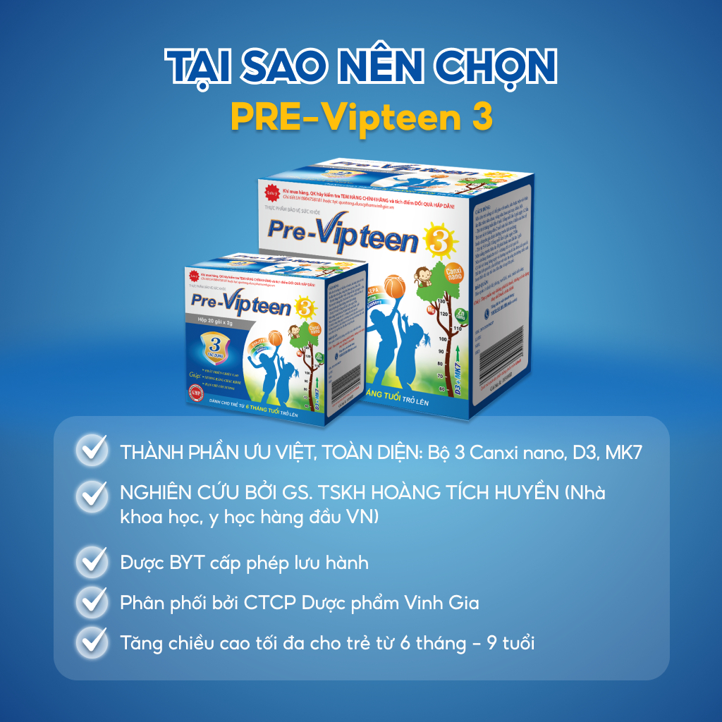 Cốm Bổ Sung Canxi Tăng Chiều Cao Pre-Vipteen 3 VINH GIA Dành Cho Trẻ Từ 6 Tháng Tuổi Hộp 20 Gói