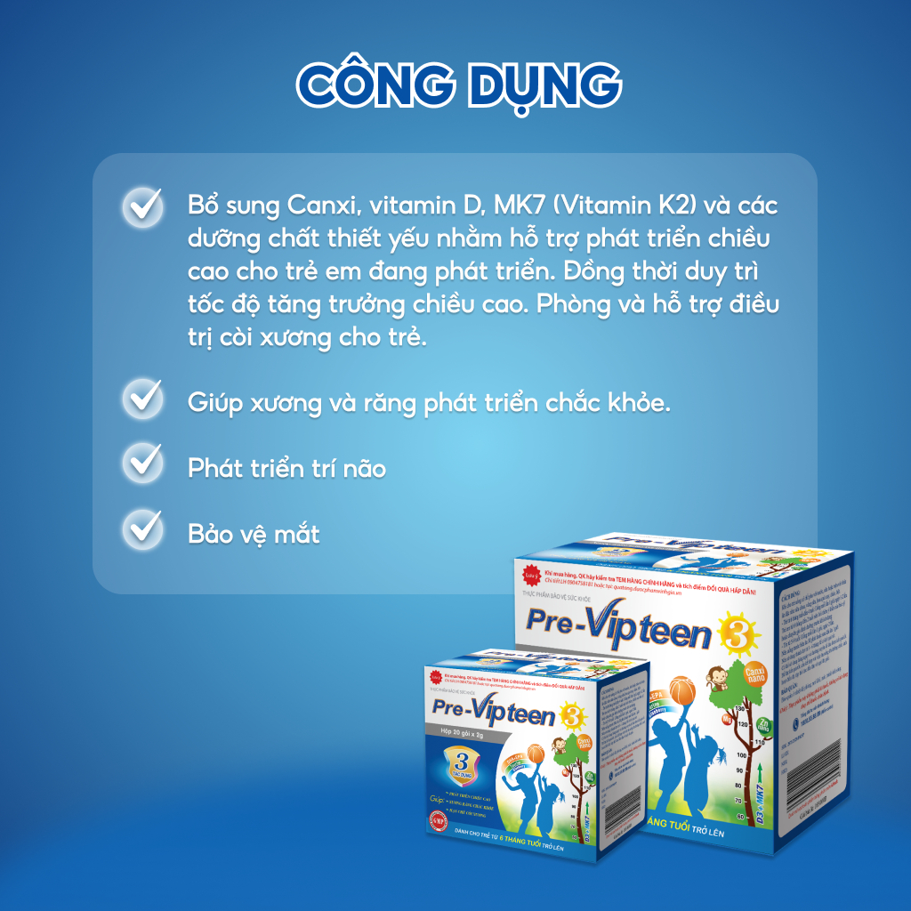 Combo 3 Hộp Pre-Vipteen 3 VINH GIA Cho Trẻ Từ 6 Tháng Tuổi Bổ Sung Canxi, Vitamin D, MK7 Giúp Xương Răng Khỏe Mạnh, Phát