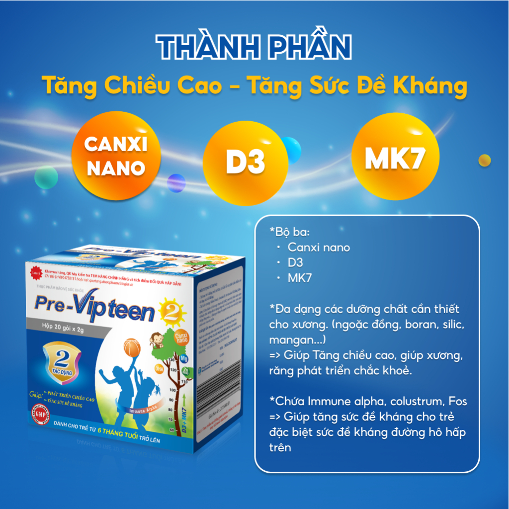 Cốm Pre-Vipteen 2 VINH GIA Tăng Sức Đề Kháng, Bổ Sung Canxi Tăng Chiều Cao,  Phát Triển Thể Lực Cho Trẻ Hộp 20 Gói