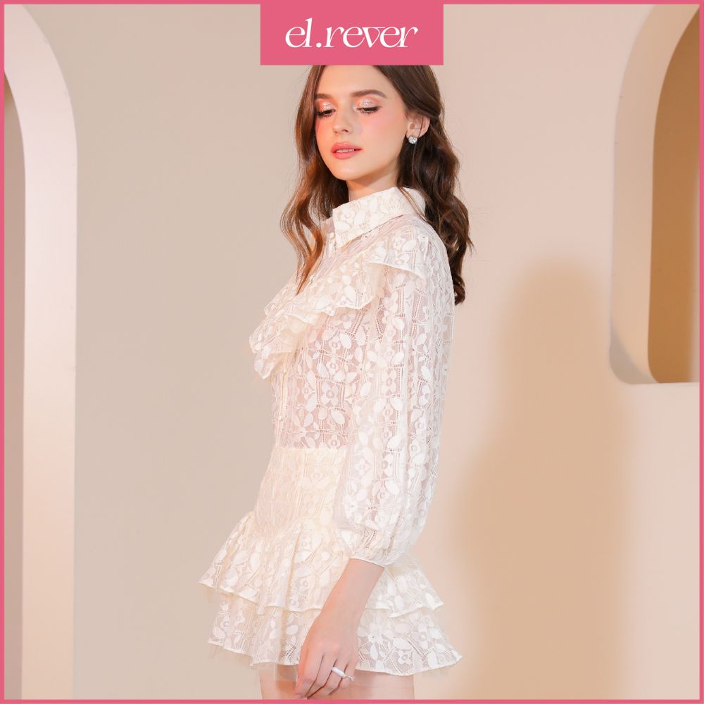 ELRÊVER - Set áo sơmi và chân váy xòe nữ ren - Màu kem - R10S30
