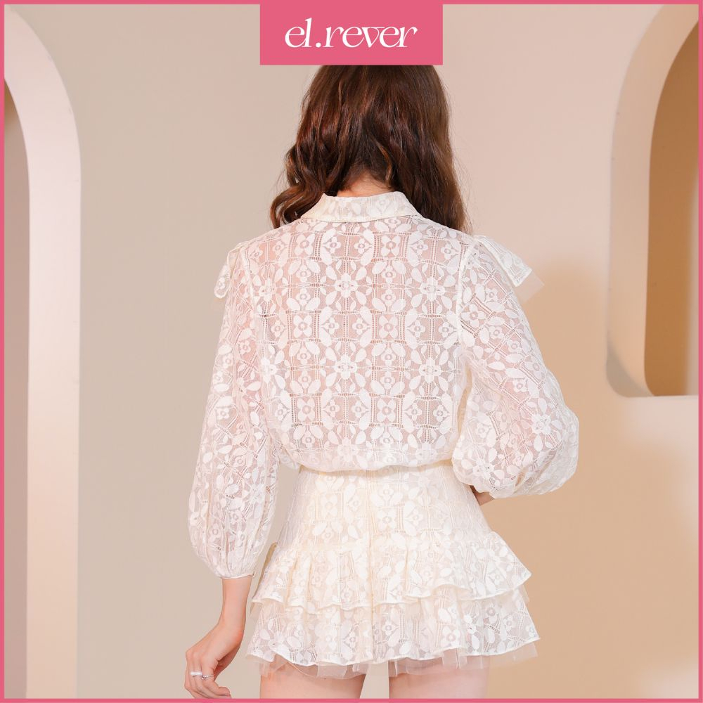 ELRÊVER - Set áo sơmi và chân váy xòe nữ ren - Màu kem - R10S30