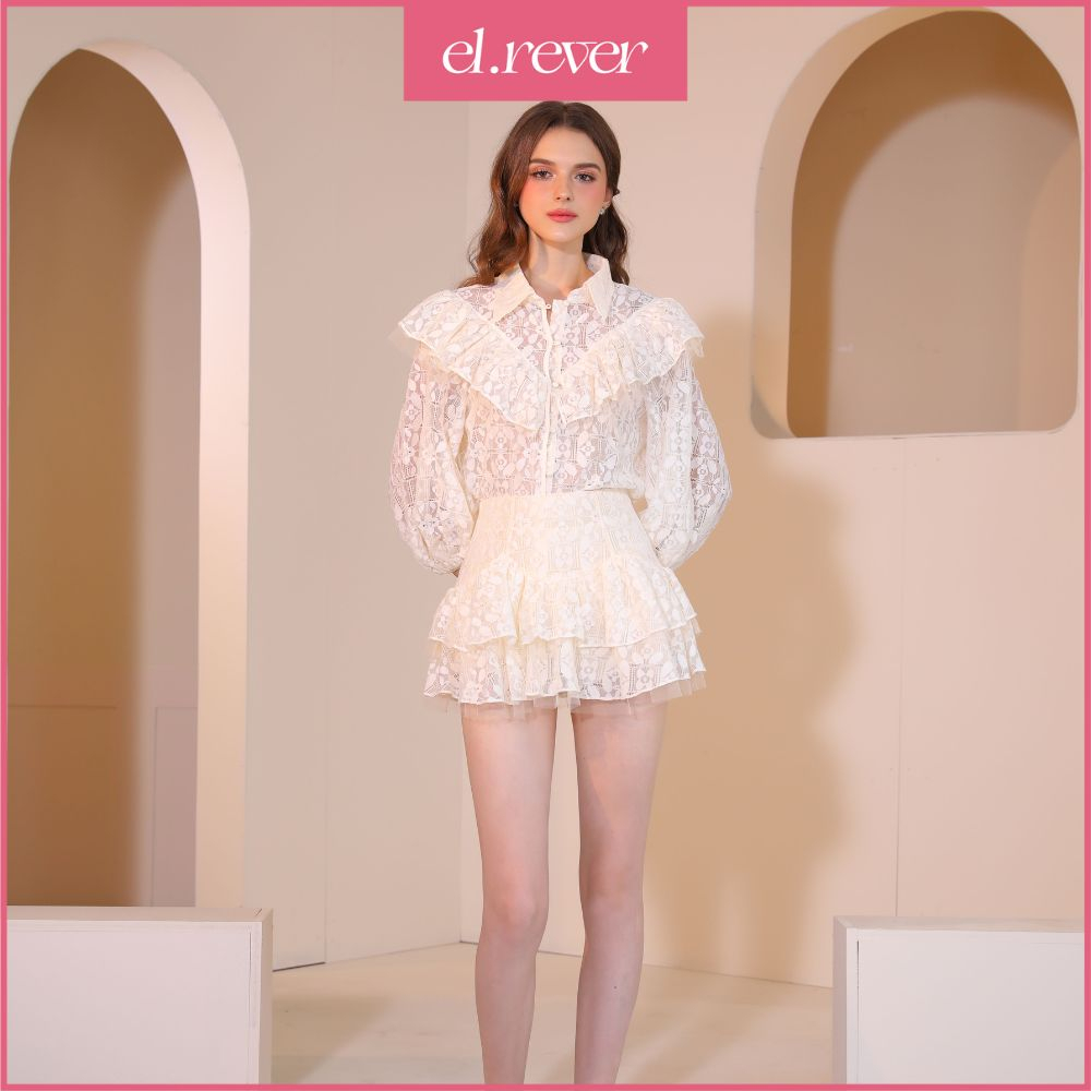 ELRÊVER - Set áo sơmi và chân váy xòe nữ ren - Màu kem - R10S30