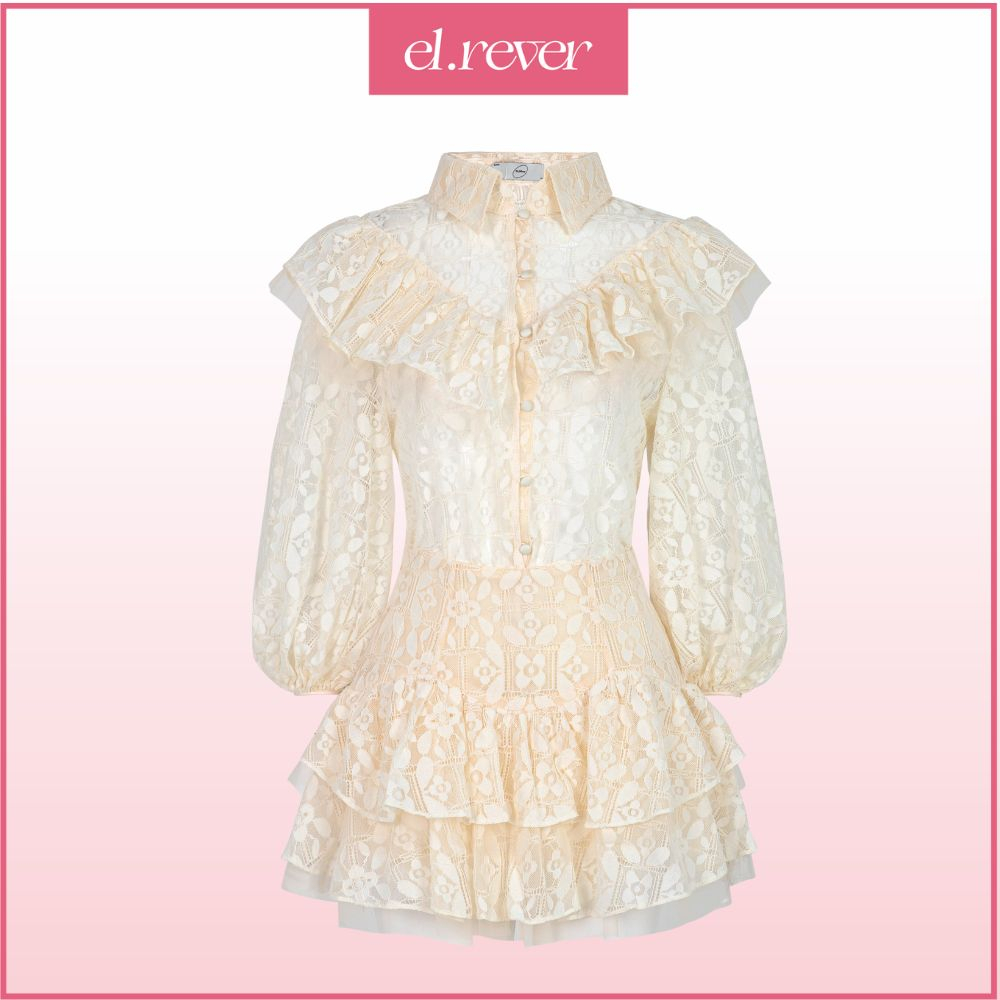 ELRÊVER - Set áo sơmi và chân váy xòe nữ ren - Màu kem - R10S30