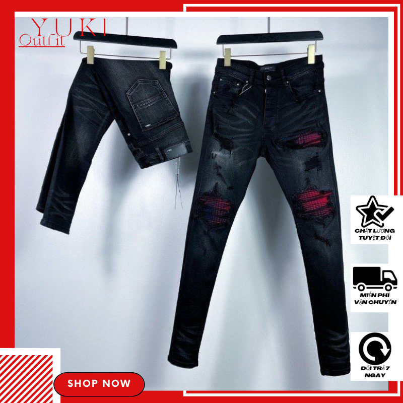 Quần jean dài nam chất denim cao cấp dày dặn co dãn nhẹ rách có bạ caro đỏ bên trong form chuẩn sang trọng YUKI OUTFIT | BigBuy360 - bigbuy360.vn