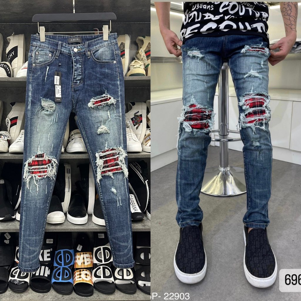 Quần jean bò nam Amiri slimfit xanh khói rách tua lót vải đen thêu chữ đùi