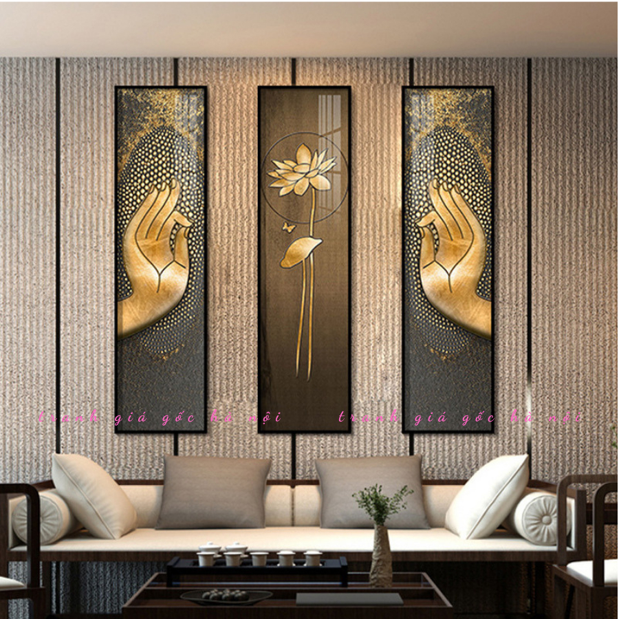 Tranh hoa sen vàng bàn tay treo phòng thiền, phòng thờ, phòng trà, yoga cực đẹp chất canvas có khung cao cấp