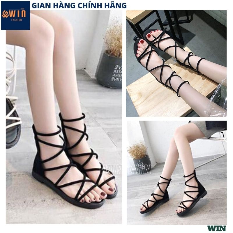 Sandal chiến binh đan dây khóa sau chắc chắn phù hợp mọi người, Dép cổ cao đế bằng cài quai thời trang dễ phối đồ - WIN