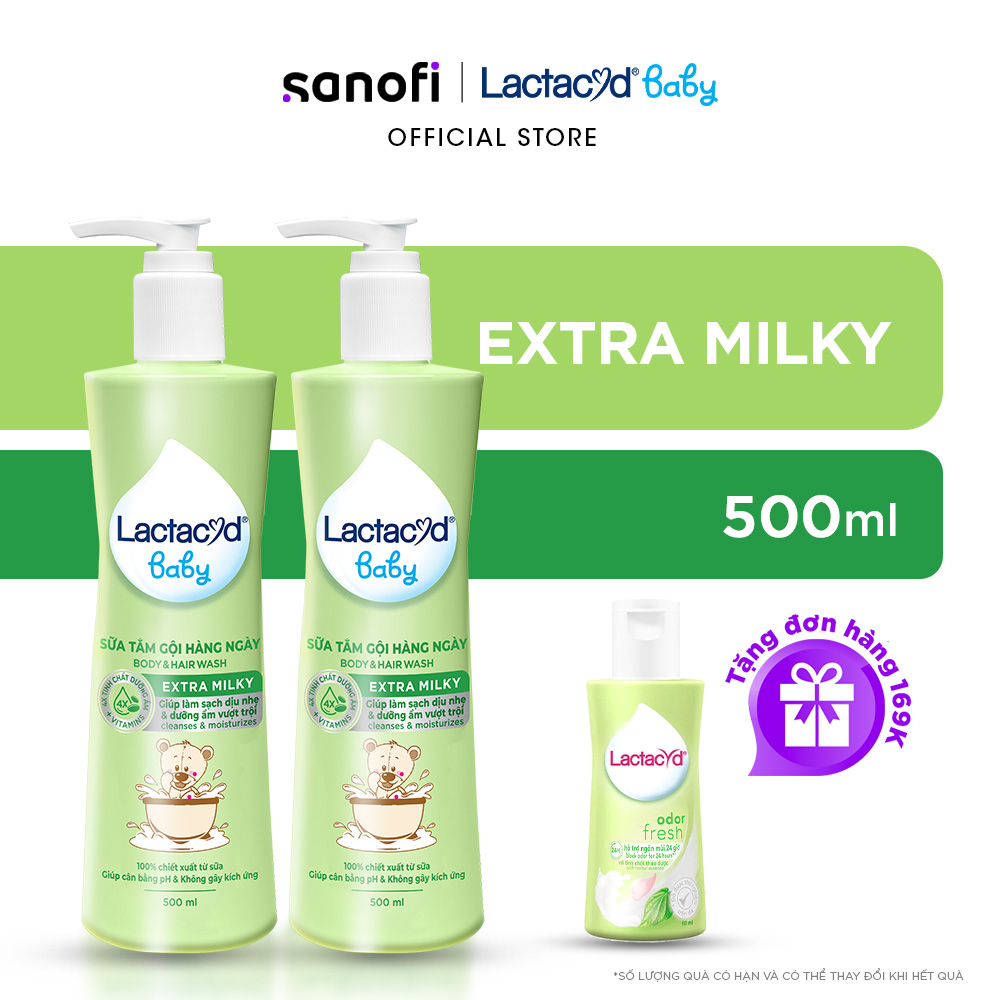 Bộ 2 chai Sữa Tắm Gội Trẻ Em Lactacyd Baby Extra Milky Làm Sạch Dịu Nhẹ và Dưỡng Ẩm Vượt Trội 500ml/chai