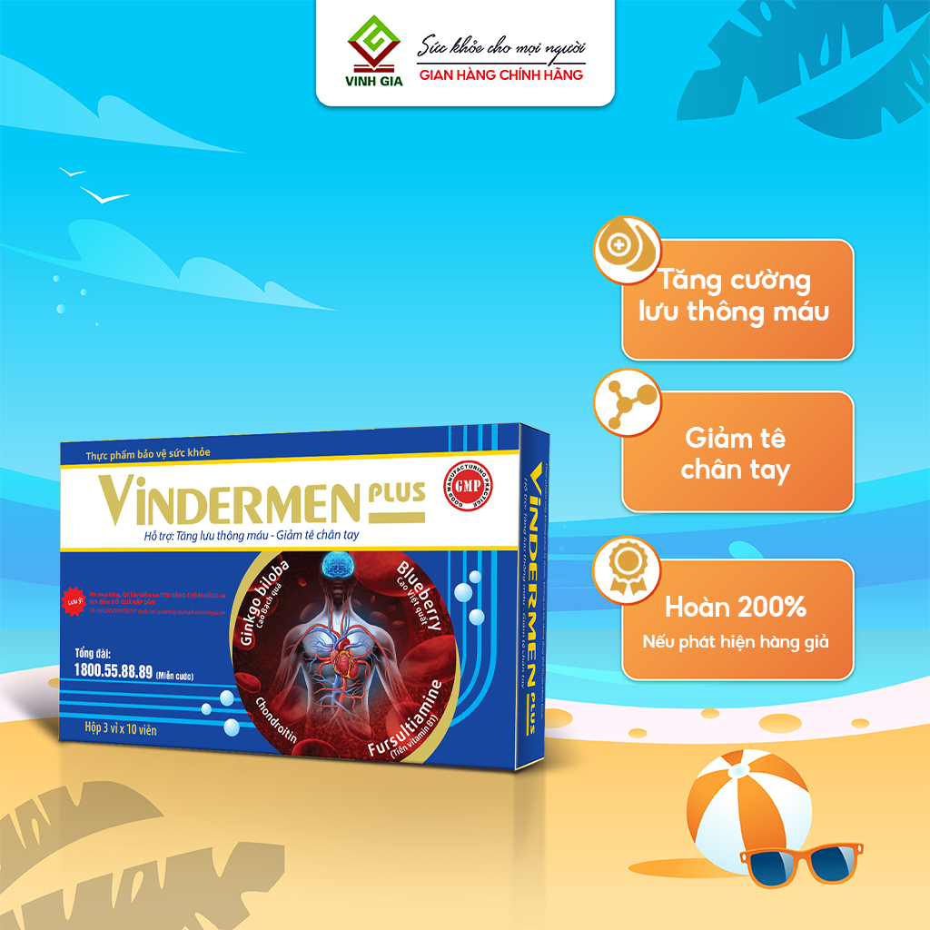 Viên Uống Vindermen Plus VINH GIA Giúp Tăng Cường Lưu Thông Máu, Giảm Tê Bì Tay Chân, Đau Mỏi Vai Gáy Hộp 30 Viên