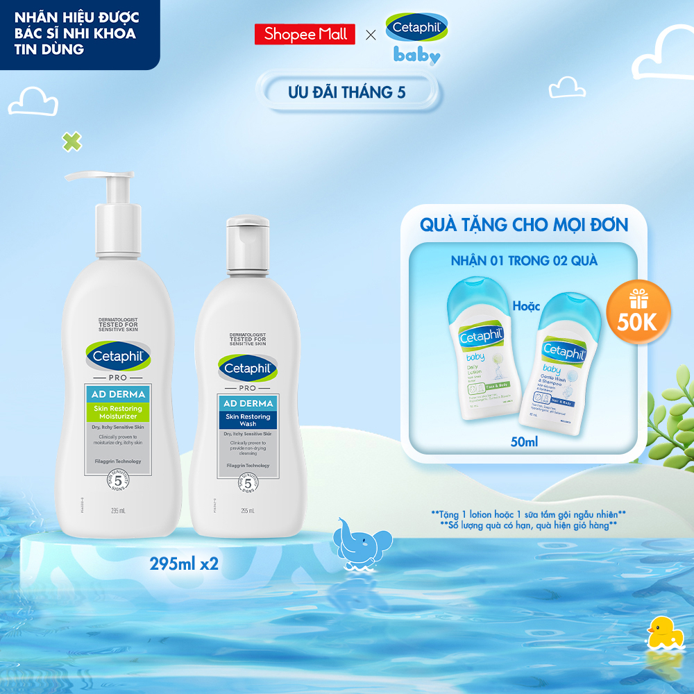 Combo Sữa tắm và Kem dưỡng cho viêm da cơ địa Cetaphil Pro AD Derma Wash 295ml + Cetaphil Pro AD Derma Moisturizer 295ml