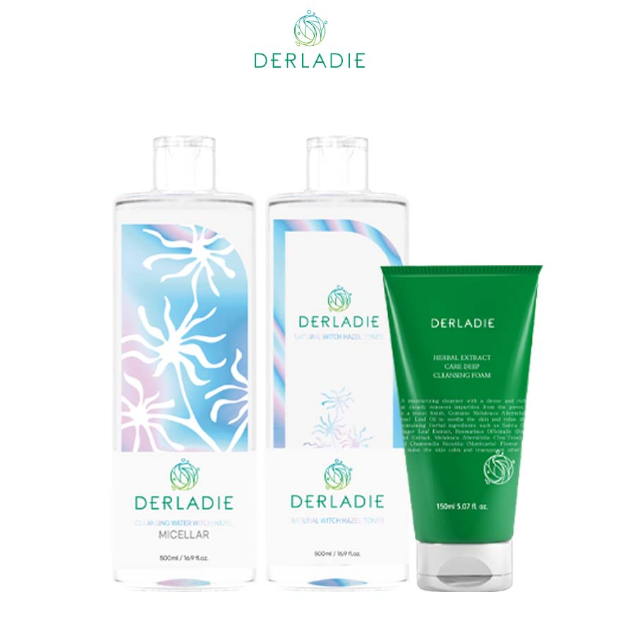 Bộ 3 sản phẩm Tẩy trang Derladie 500ml, Toner Derladie Natural Witch Hazel 500ml, Sữa Rửa Mặt Tràm Trà Derladie 150ml