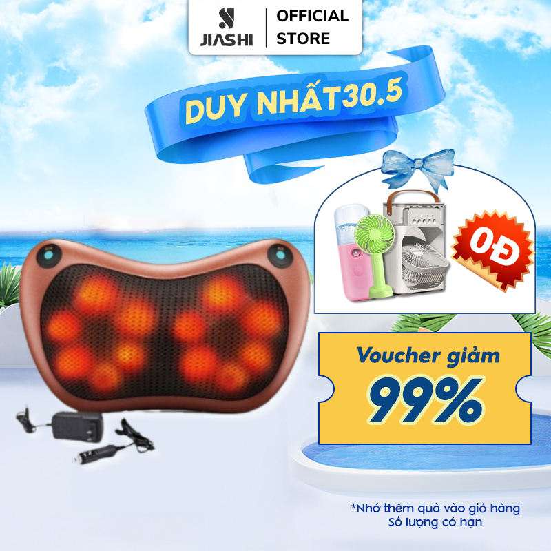 Gối massage hồng ngoại JIASHI mát xa cổ vai gáy công nghệ Nhật Bản 12 đầu bi 2 nút bấm cao cấp GMD01