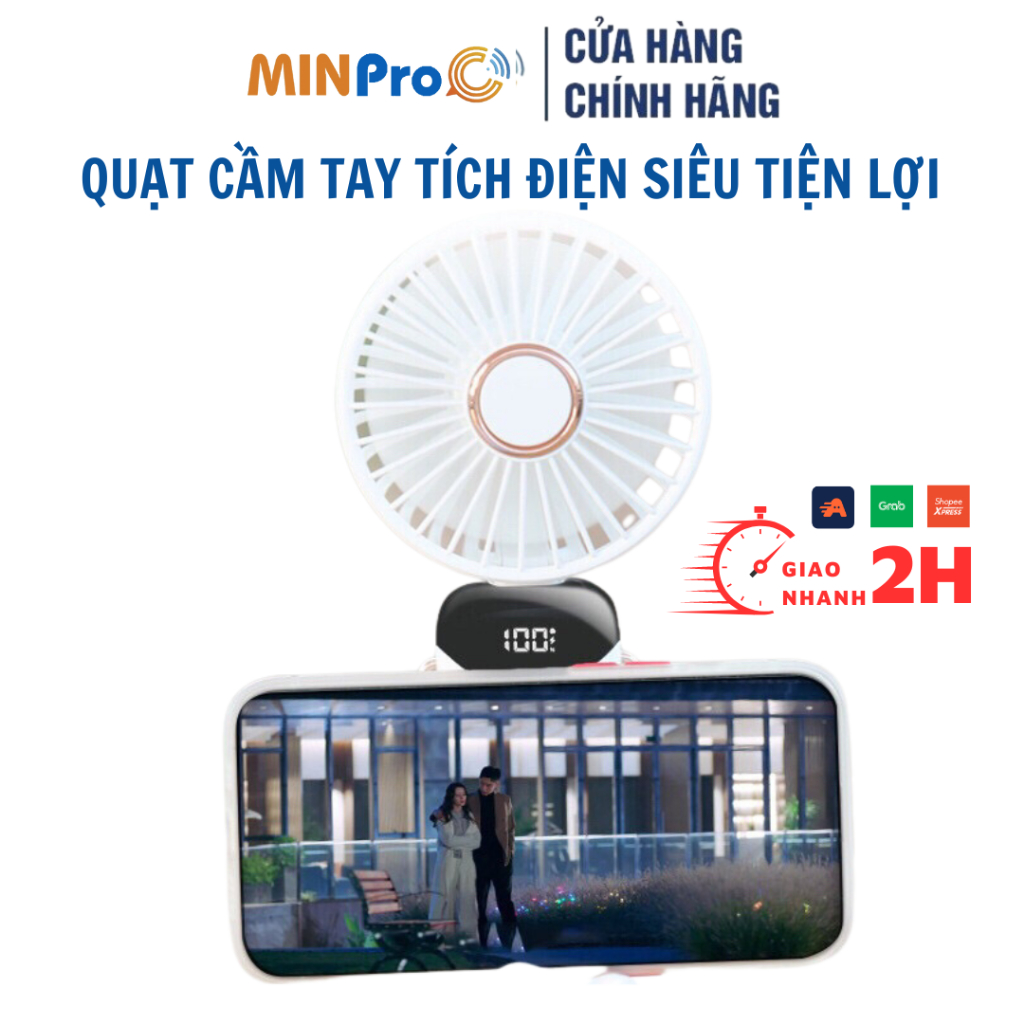 Quạt Cầm Tay Tích Điện Gấp Gọn MINPRO 5 Tốc Độ Gió Xoay Linh Hoạt 90 Độ Có Dây Đeo Cổ Pin 4.000mAh