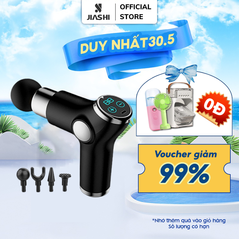 Súng massage mini cầm tay JIASHI, máy mát xa toàn thân đa năng thông minh 4 đầu 32 chế độ màn hình cảm ứng SMS02