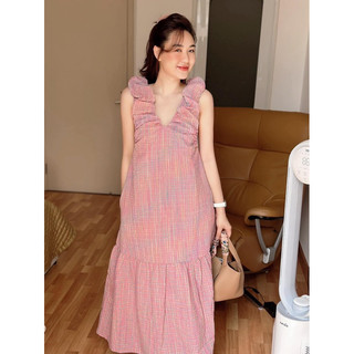 Váy xuông kẻ hồng dáng babydoll siêu xinh ,chất thô đũi .