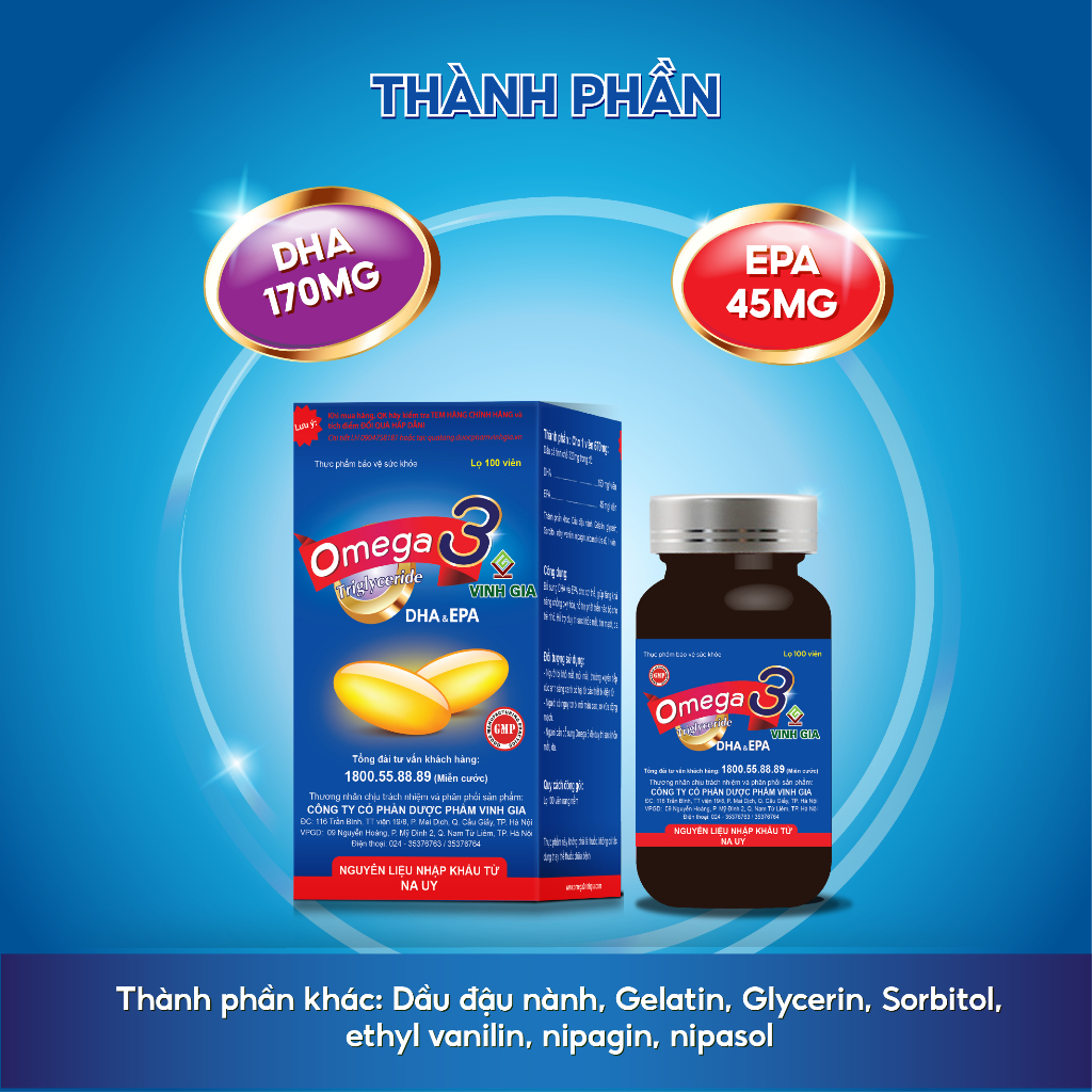 Viên Uống Omega 3 VINH GIA Bổ Sung DHA Và EPA Hỗ Trợ Duy Trì Sức Khỏe Mắt Và Tim Mạch Hộp 100 Viên