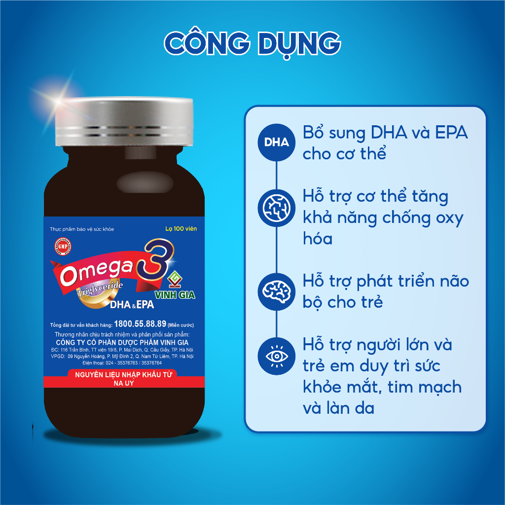 (Combo 3 Tặng 1) Omega 3 VINH GIA Bổ Sung DHA Và EPA Hỗ Trợ Duy Trì Sức Khỏe Mắt Và Tim Mạch - Hộp 100 Viên