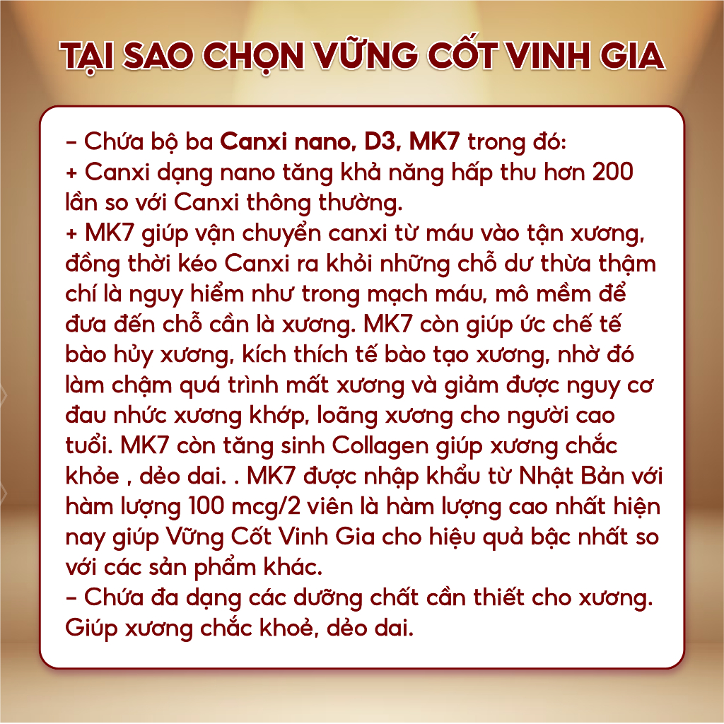 Viên Uống Vững Cốt VINH GIA Bổ Sung Canxi Và Dưỡng Chất Cần Thiết Giúp Chắc Khỏe, Giảm Loãng Xương Hộp 20 Viên