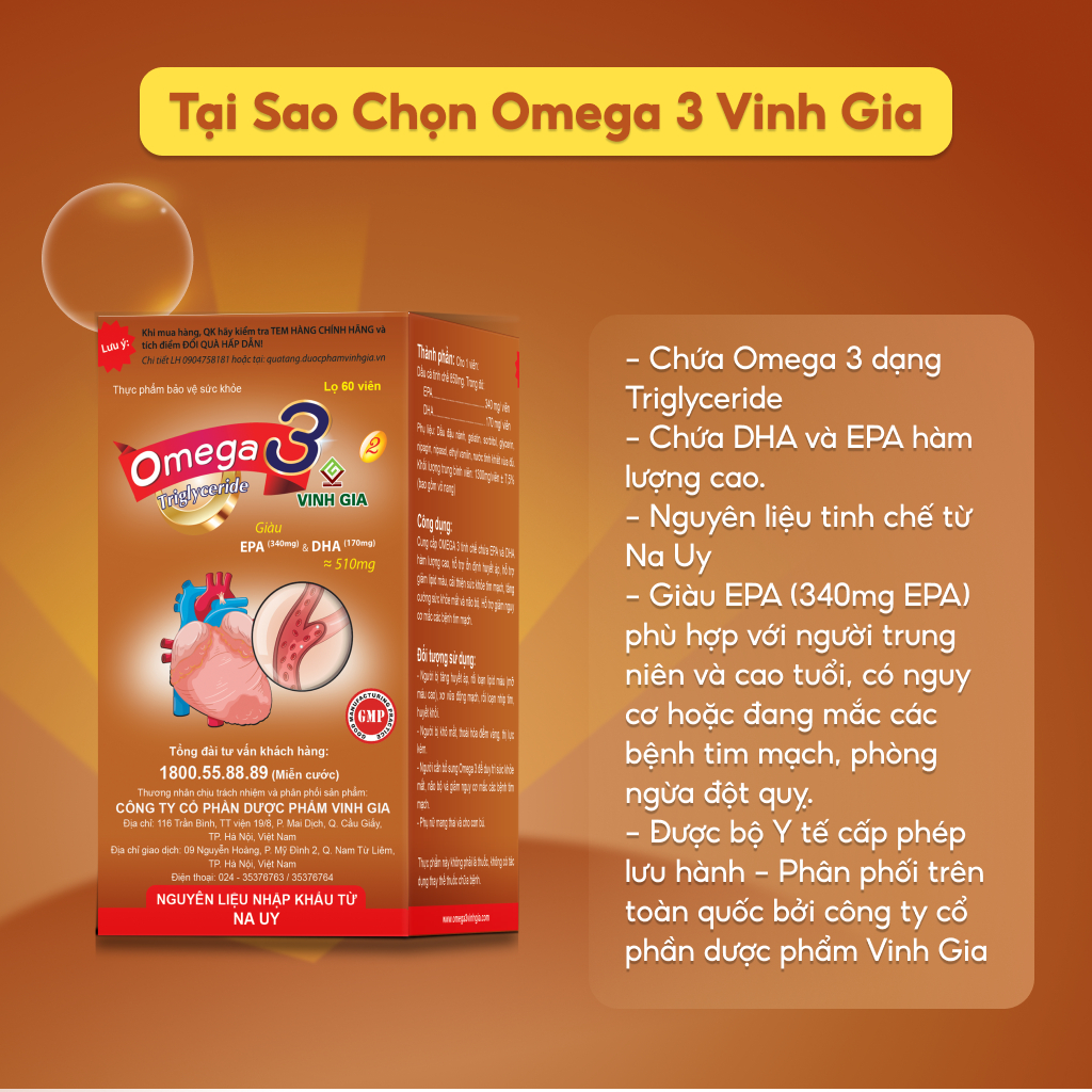 [Combo 2 Tặng 1 Omega3] Omega 3 VINH GIA 2 Hỗ Trợ Tim Mạch Giàu EPA, DHA Tăng Cường Sức Khoẻ Hiệu Quả - Hộp 60 Viên