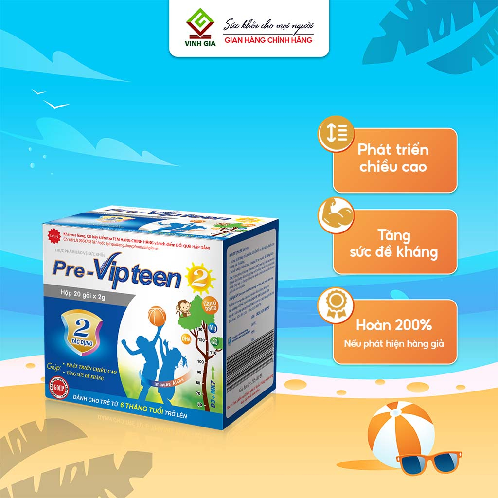 [Combo 6 Tặng 1] Pre-Vipteen 2 Giúp Tăng Sức Đề Kháng, Tăng Chiều Cao, Giảm Ốm Vặt Cho Trẻ Từ 6 Tháng-9 Tuổi 20 Gói/Hộp