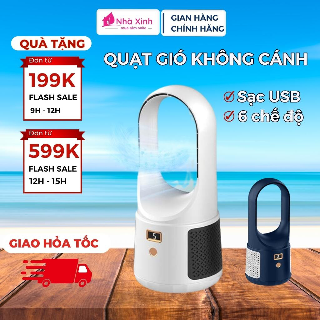 Quạt không cánh, quạt tích điện để bàn sạc USB 6 chế độ gió mát màn hình LED đa chức năng an tòa, bảo hành 12 tháng